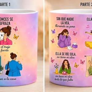 Puede incluir: Una taza de cerámica blanca con un diseño colorido que presenta ilustraciones y texto en español. La taza tiene un asa y representa varias escenas con mujeres y mariposas, con frases como "Ella Baila Descalza".