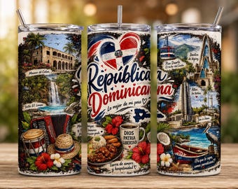 Adesivo per bicchiere termico della Repubblica Dominicana in formato PNG, design per sublimazione della Repubblica Dominicana, collage di viaggio RD, download digitale per bicchiere termico sottile da 20 oz