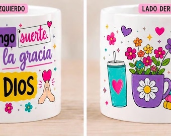 Colorful Christian Mug Wrap PNG | No Tengo Suerte Tengo La Gracia De Dios | Spanish Mug Sublimation Design | 11oz & 15oz Coffee Mug PNG