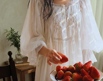 Camisón de algodón para mujer, estilo victoriano vintage, manga larga, ropa de dormir, estilo cottagecore, princesa.
