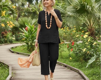 Ensemble deux pièces en mélange de lin pour femme - Pantalon large bohème et tunique boutonnée à manches courtes - Vêtements de détente estivaux décontractés