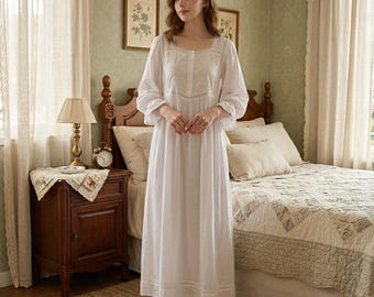 Camisón de algodón para mujer, estilo victoriano vintage, manga larga, ropa de dormir, estilo cottagecore, princesa.
