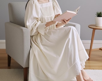 Vestido camisón vintage victoriano / Pijama de encaje estilo cottagecore / Camisón de princesa de manga larga / Ropa de estar por casa suave y holgada estilo coqueto