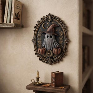 May include: An oval wall plaque featuring a sculpted ghost wearing a pointed hat, flanked by two pumpkins, set within an ornate bronze-colored frame. The dark background includes a crescent moon and stars, with floral details at the base of the ghost.