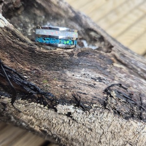 Double Opal Inlay Ring 8mm Stainless Steel Band, White Snow & Marine Opal Ring, Ocean Inspired Wedding Band, Mens Womens Ring, Handmade