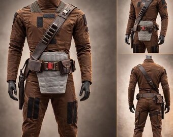 Aangepast 3-delig Sci-Fi Bounty Hunter-cosplaykostuum | Vliegpak met vlokvest en accessoires | Op Mandalorian geïnspireerde outfit
