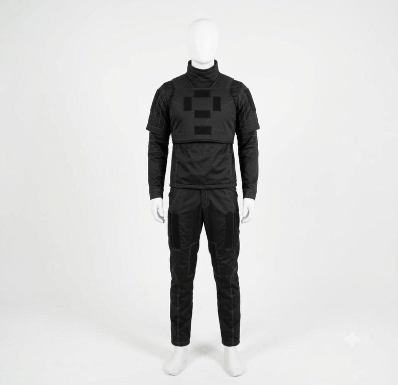 K&ouml;nnte beinhalten: Ein schwarzes taktisches Outfit bestehend aus einem lang&auml;rmeligen Oberteil mit hohem Kragen, einer Brustweste mit rechteckigen Klettverschl&uuml;ssen und einer passenden Hose. Das Ensemble ist in einheitlichem Schwarz mit sichtbaren N&auml;hten.
