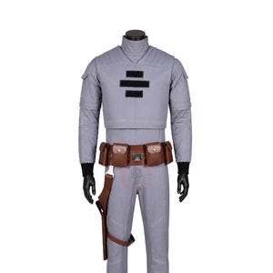 May include: A light gray long-sleeved jumpsuit featuring a high collar, quilted shoulder detailing, and three horizontal black rectangular patches on the chest. A brown utility belt with multiple pouches and a holster is worn at the waist.