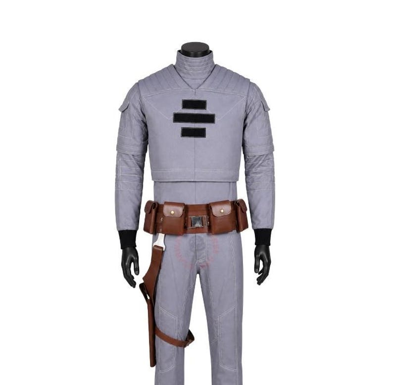 May include: A light gray long-sleeved jumpsuit featuring a high collar, quilted shoulder detailing, and three horizontal black rectangular patches on the chest. A brown utility belt with multiple pouches and a holster is worn at the waist.