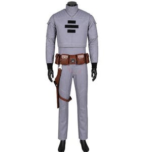 May include: A light gray long-sleeve jumpsuit featuring a high collar, quilted shoulder detailing, and three horizontal black rectangular patches on the chest. A brown leather utility belt with multiple pouches and a holster is worn at the waist.