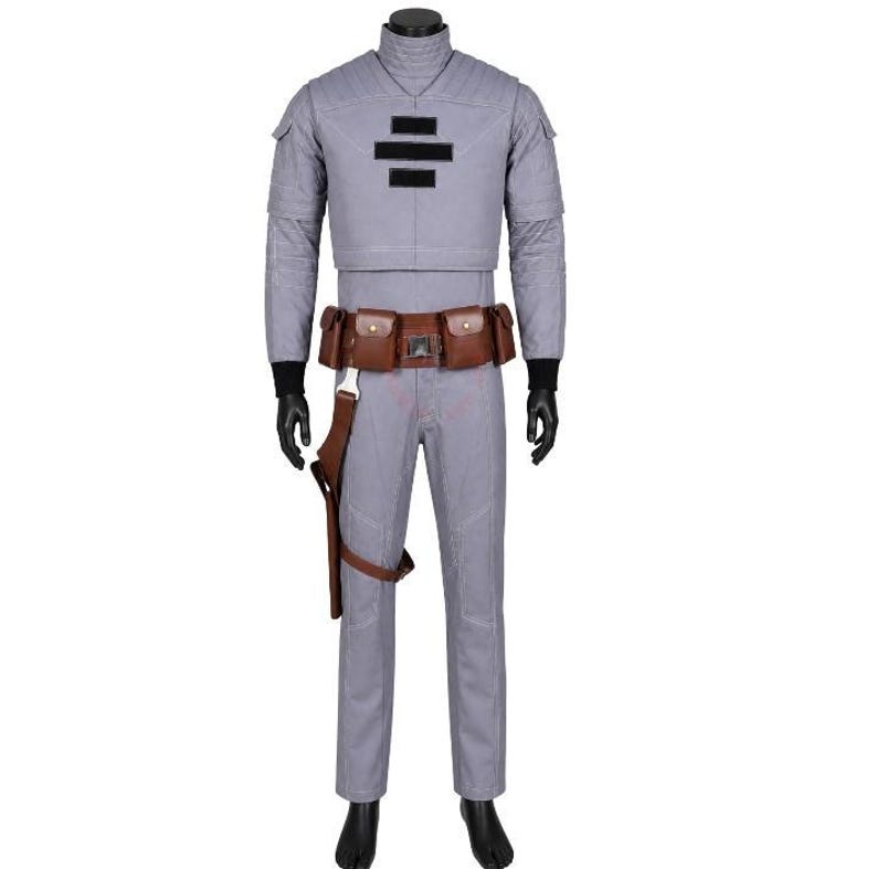 May include: A light gray long-sleeve jumpsuit featuring a high collar, quilted shoulder detailing, and three horizontal black rectangular patches on the chest. A brown leather utility belt with multiple pouches and a holster is worn at the waist.