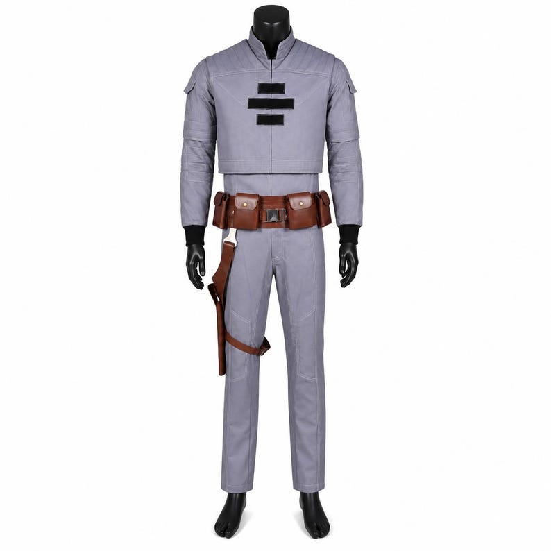 May include: A light gray long-sleeve jumpsuit featuring a high collar, quilted shoulder detailing, and three horizontal black rectangular patches on the chest. A brown utility belt with multiple pouches and a holster is worn at the waist.