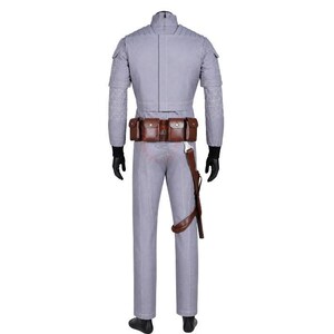 May include: A light gray long-sleeved jumpsuit featuring quilted shoulder and sleeve detailing, a high collar, and black gloves. A brown leather utility belt with multiple pouches and a holster is worn around the waist over the jumpsuit.