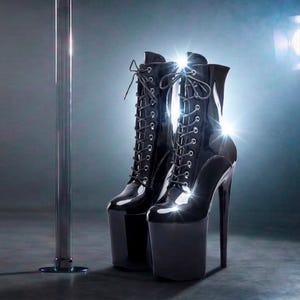 Black Patent Leather Poledancing Boots, Exotic Performance Platform Shoes, Lace Up Pole High Heels, Stripper Booties