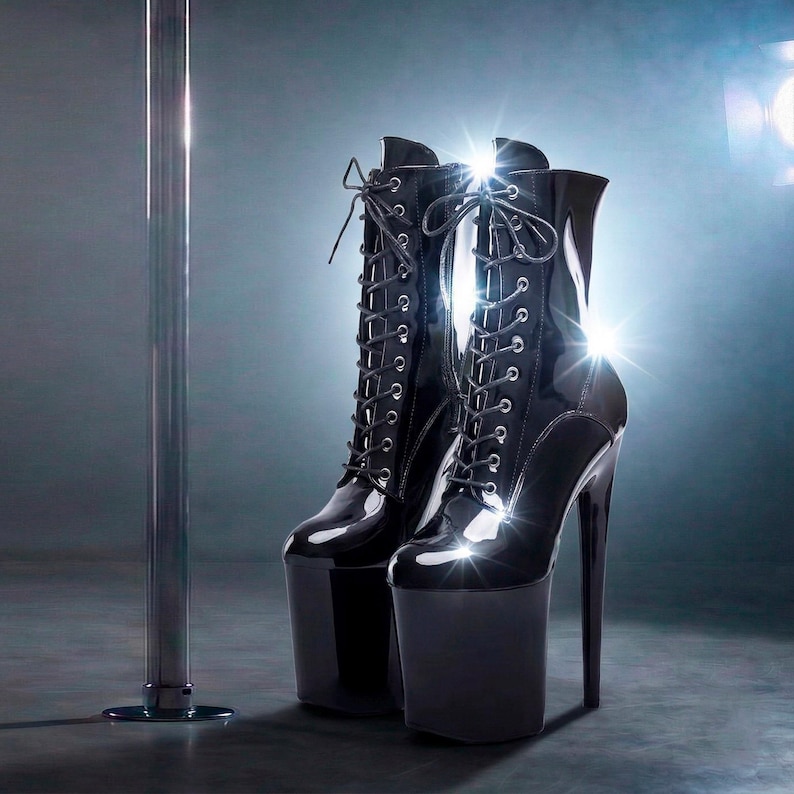 Black Patent Leather Poledancing Boots, Exotic Performance Platform Shoes, Lace Up Pole High Heels, Stripper Booties