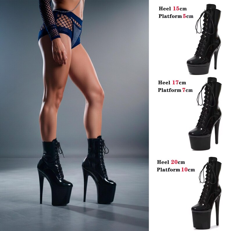 Black Patent Leather Poledancing Boots, Exotic Performance Platform Shoes, Lace Up Pole High Heels, Stripper Booties