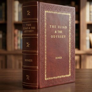 May include: A hardcover book titled "The Iliad & The Odyssey" by Homer. The book has a dark brown leather cover with gold lettering and decorative gold trim. The spine also features gold lettering and decorative elements. The book is displayed on a wooden surface.