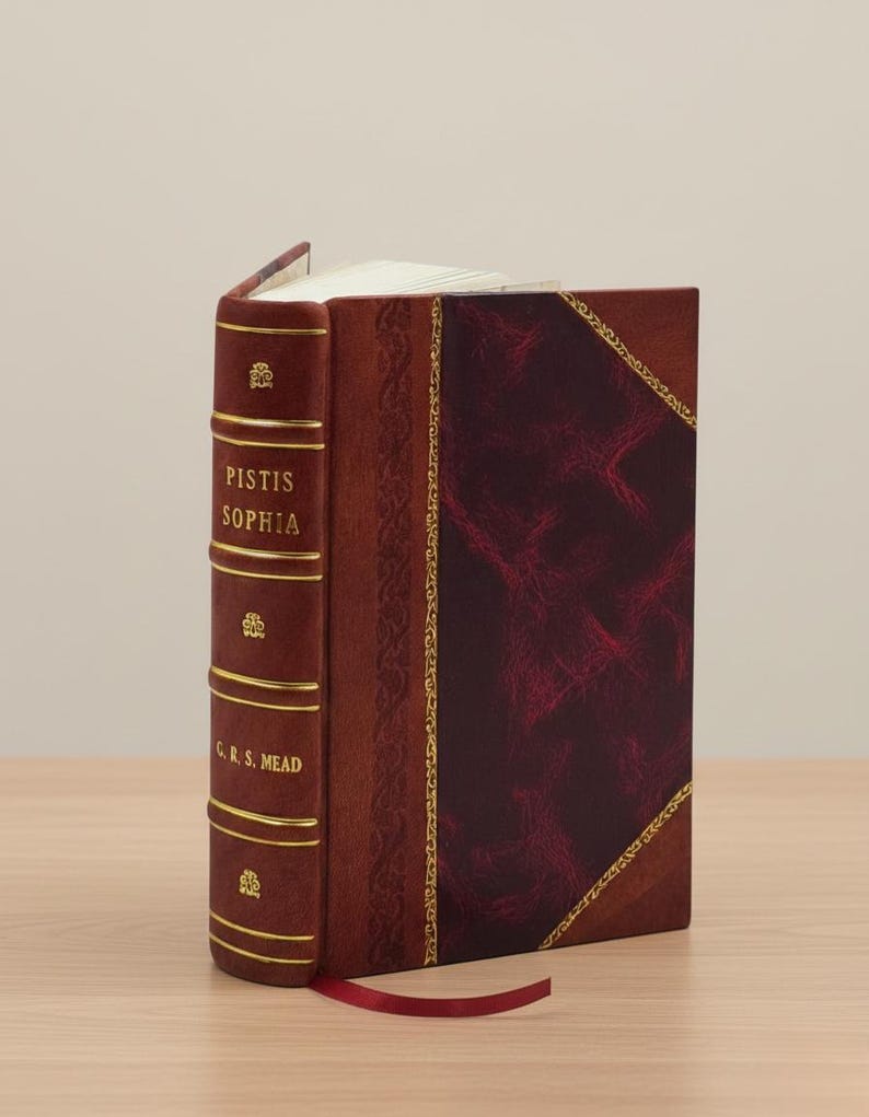 K&ouml;nnte beinhalten: Ein Hardcover-Buch mit dem Titel "Pistis Sophia" mit einem weinroten Ledereinband und goldenen Akzenten. Der Buchr&uuml;cken zeigt den Titel und den Namen des Autors in goldener Schrift. Ein rotes Leseband ragt aus den Seiten.