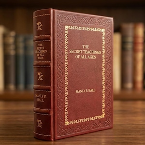 Op de afbeelding: Een gebonden boek in bordeauxrood leer met de titel "The Secret Teachings of All Ages" van Manly P. Hall. De omslag en rug hebben gouden letters en decoratieve randen. De achtergrond toont een houten oppervlak en een boekenkast vol boeken.