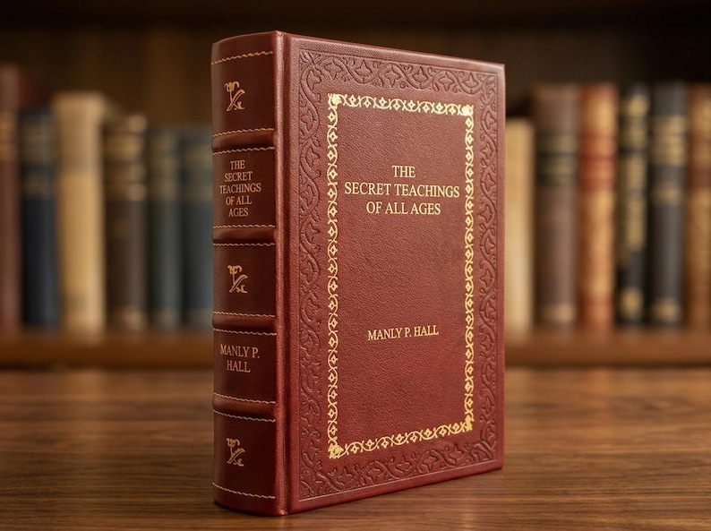 May include: A hardcover book titled "The Secret Teachings of All Ages" by Manly P. Hall. The book has a burgundy leather cover with gold lettering and decorative borders. The spine also features gold lettering and decorative elements. The background shows a wooden surface and a bookshelf.