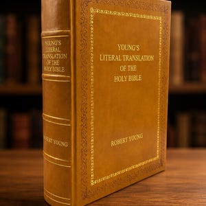 Può includere: Un libro con copertina rigida color marrone chiaro intitolato Young's Literal Translation of the Holy Bible di Robert Young. La copertina e il dorso presentano scritte dorate in rilievo e un bordo decorativo. Il libro è posizionato in verticale.