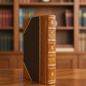 May include: A hardcover book titled "The Satanic Bible" by Anton LaVey. The book has a brown leather cover with gold accents and a dark brown spine. The book is displayed on a wooden surface.