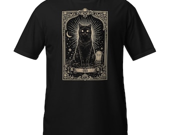 Gothic Black Cat Vintage Design T-Shirt, Dark Art Spooky Cat Graphic Tee