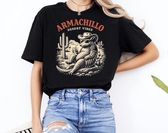 Armadillo Desert Vibes Cowboy with Bandana and Drink T-Shirt, Graphic Tee, Western Style