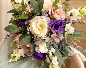 Luxury Silk Bridal Bouquet with Peonies, Roses, Hydrangeas & Eucalyptus | Bespoke Wedding Flowers | Real Touch Artificial Bouquet