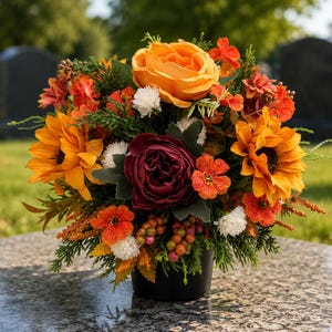 May include: A vibrant floral arrangement in a black pot, featuring sunflowers, orange roses, and burgundy blooms. The bouquet includes various orange and white accent flowers and greenery, creating a colorful display. The arrangement is set on a stone surface.