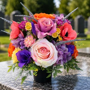 Luxus-Memorial Grabtopf | Maßgeschneiderte Seidenblumen | Pink Rose & Poppy Tribut | Friedhofsblumen | Grabmal