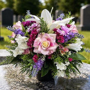 Luxus-Memorial Grabtopf | Maßgeschneiderte Seidenblumen | Pink Lily & Rose Tribut | Friedhofsblumen | Grabmal