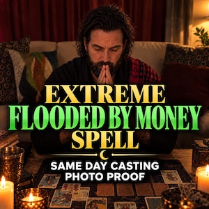 May include: A person with dark hair and a beard sits with hands pressed together in front of a table covered in tarot cards and lit candles. The text reads EXTREME FLOODED BY MONEY SPELL and SAME DAY CASTING PHOTO PROOF with a crescent moon icon.