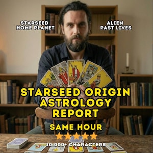 Op de afbeelding: Een persoon die tarotkaarten vasthoudt met de tekst "STARSEED ORIGIN ASTROLOGY REPORT" en "SAME HOUR". De afbeelding bevat ook de tekst "STARSEED HOME PLANET", "ALIEN PAST LIVES" en "10.000+ TEKENS". De kaarten zijn geel met illustraties.