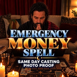 May include: A person with dark hair and a beard sits with hands pressed together at a table featuring tarot cards, candles, and a metal cup. The text reads EMERGENCY MONEY SPELL and SAME DAY CASTING PHOTO PROOF with a crescent moon icon.