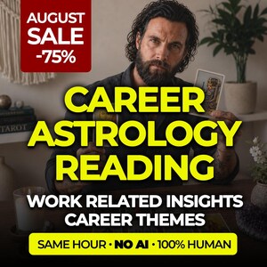 May include: A person with a beard holding two tarot cards, with text overlays reading AUGUST SALE -75%, CAREER ASTROLOGY READING, WORK RELATED INSIGHTS CAREER THEMES, and SAME HOUR - NO AI - 100% HUMAN. The scene features a dark shirt and tarot cards.