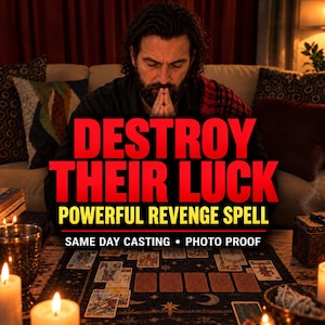 May include: A person with dark hair and a beard sits with hands pressed together in front of a table featuring tarot cards, candles, and text that reads DESTROY THEIR LUCK POWERFUL REVENGE SPELL SAME DAY CASTING PHOTO PROOF.