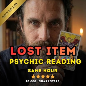 May include: Image of a man holding a tarot card with the text "LOST ITEM PSYCHIC READING". The card features an illustration of an angel. The image also includes the text "SAME HOUR" and "10,000+ CHARACTERS". A gold banner reads "BEST SELLER".