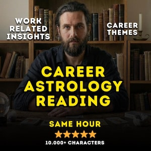 Peut inclure: Image publicitaire pour une lecture d'astrologie de carrière. Le texte comprend « Aperçus liés au travail » et « Thèmes de carrière ». Les mots « Lecture d'astrologie de carrière » sont en grandes lettres jaunes. L'image comprend également le texte « Même heure » et une note de cinq étoiles.