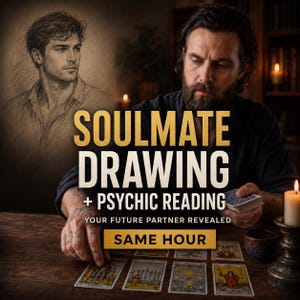 May include: A bearded person in a dark shirt sits at a wooden table with tarot cards, a deck, and a candle. A charcoal-style sketch of a person appears above the text: SOULMATE DRAWING + PSYCHIC READING YOUR FUTURE PARTNER REVEALED SAME HOUR.