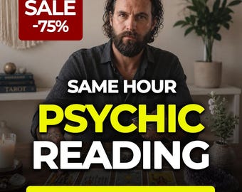 May include: A person with a dark beard sits at a table with tarot cards. Text overlays read: AUGUST SALE -75%, SAME HOUR PSYCHIC READING, and SAME HOUR • NO AI • 100% HUMAN. The scene includes a candle, books, and a potted plant in the background.