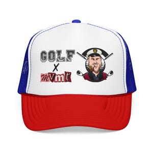 May include: A red, white, and blue trucker hat featuring the text "GOLF x mvmt" and a cartoon illustration of a man with a pipe, golf clubs, and a captain's hat. The hat has a mesh back and a curved brim.