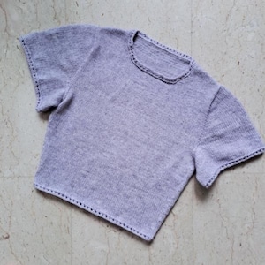 Puede incluir: Una camiseta de punto lila claro de manga corta. El cuello, las mangas y el dobladillo presentan un punto calado decorativo. La camiseta está hecha de un material suave y texturizado, probablemente hecha a mano.