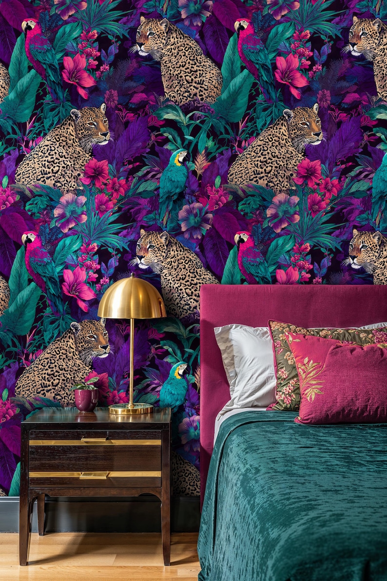 Leopard Jungle Wallpaper: Tropical Parrot Peel and Stick Wall Mural - Etsy