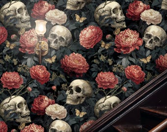 Moody Skull and Peony Wallpaper: gotische bloemenmuurschildering