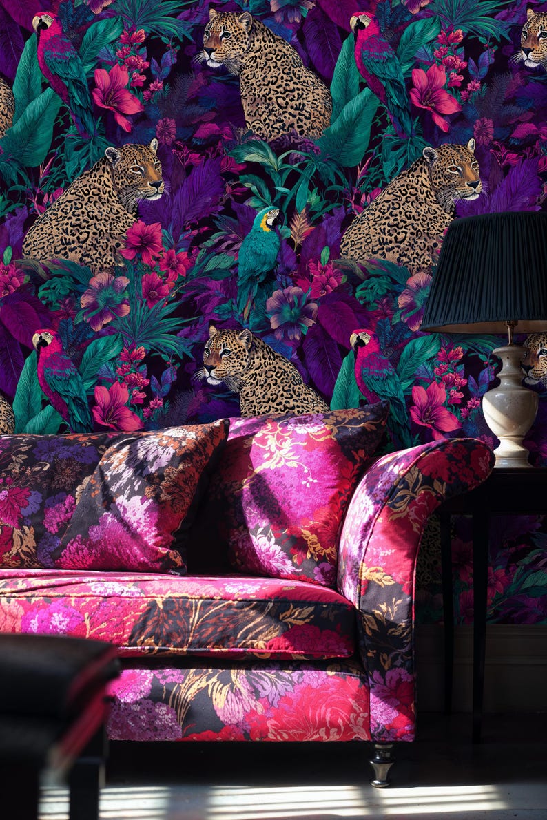 Leopard Jungle Wallpaper: Tropical Parrot Peel and Stick Wall Mural - Etsy