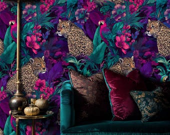 Leopard Jungle Wallpaper: Tropical Parrot Peel and Stick Wall Mural