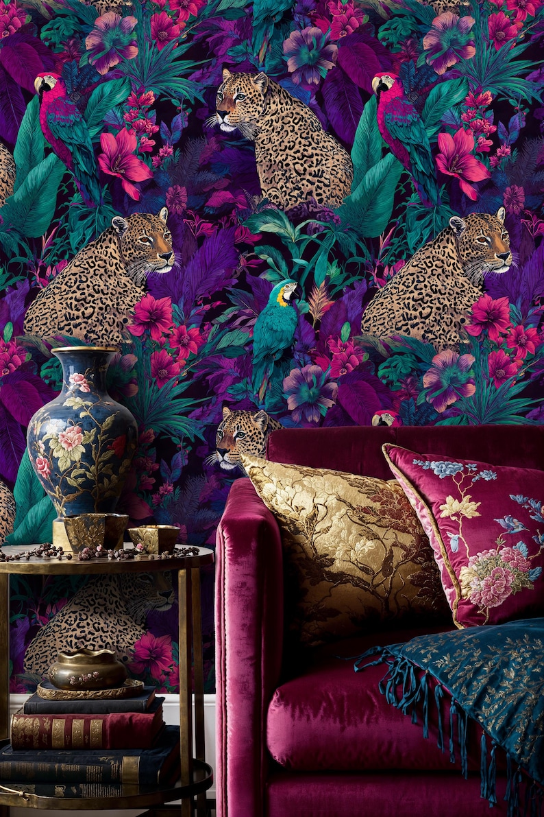 Leopard Jungle Wallpaper: Tropical Parrot Peel and Stick Wall Mural - Etsy