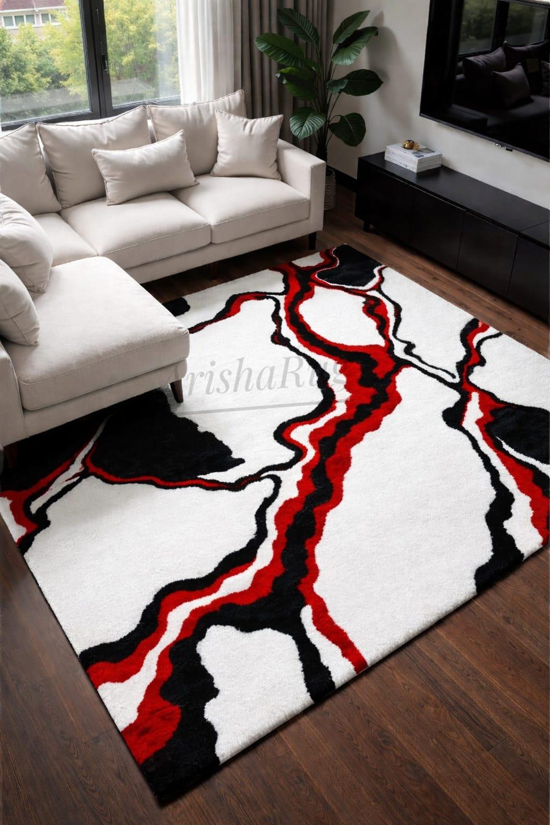 Modern Abstract Area Rug Red Black White, Luxury Tufted Rug ...