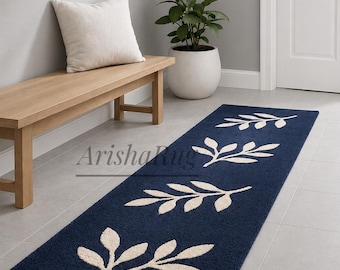 Navy Blue Hand Tufted Runner Rug, Modern Floral Wool Scandinavian Hallway